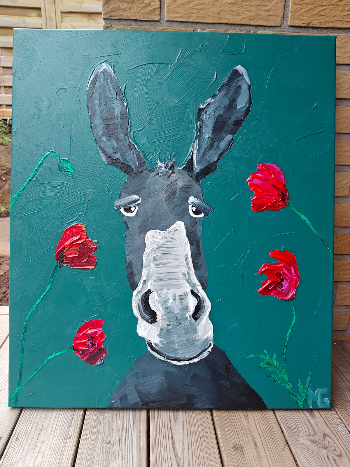 Æsel med valmuer - 70x60 cm – Original akrylmaleri