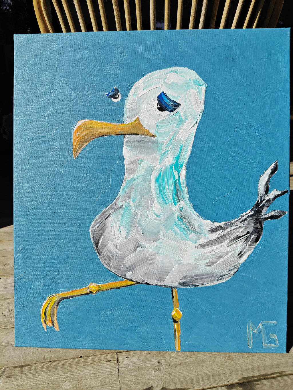 Måge ved havnen — Original akrylmaleri