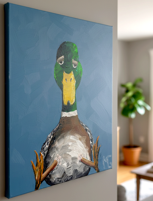 Originalt akrylmaleri af grønkravet and mod blå baggrund