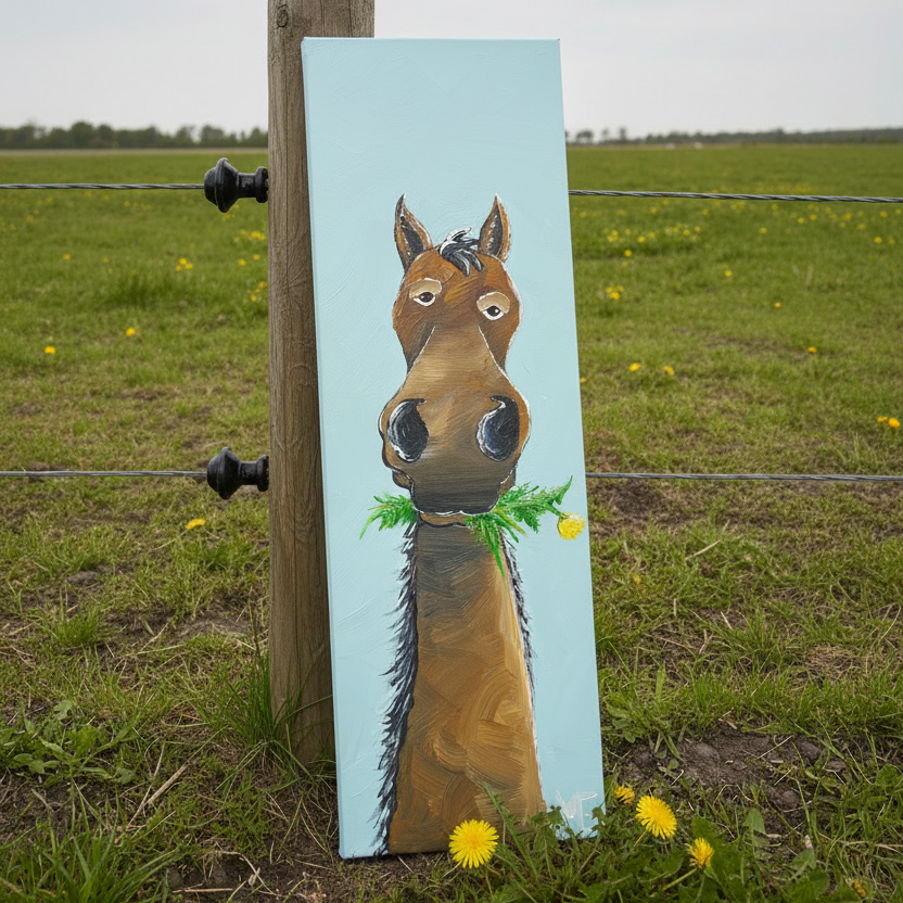 Hest maleri lænet op ad hegnspæl
