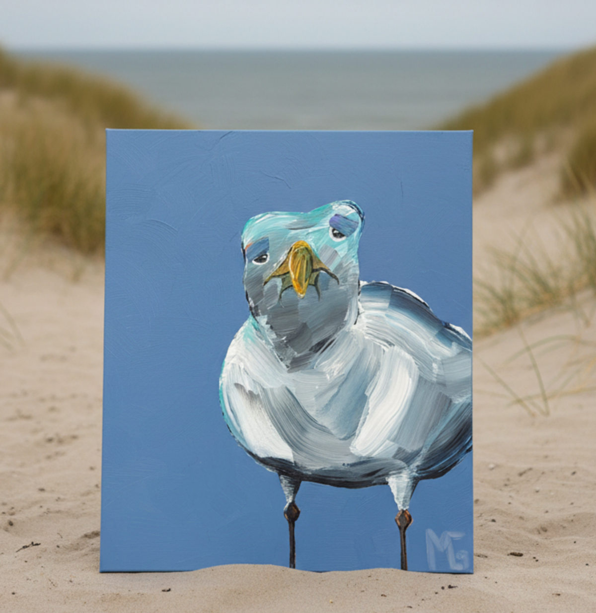 Originalt akrylmaleri af måge mod blå baggrund, fotograferet på stranden