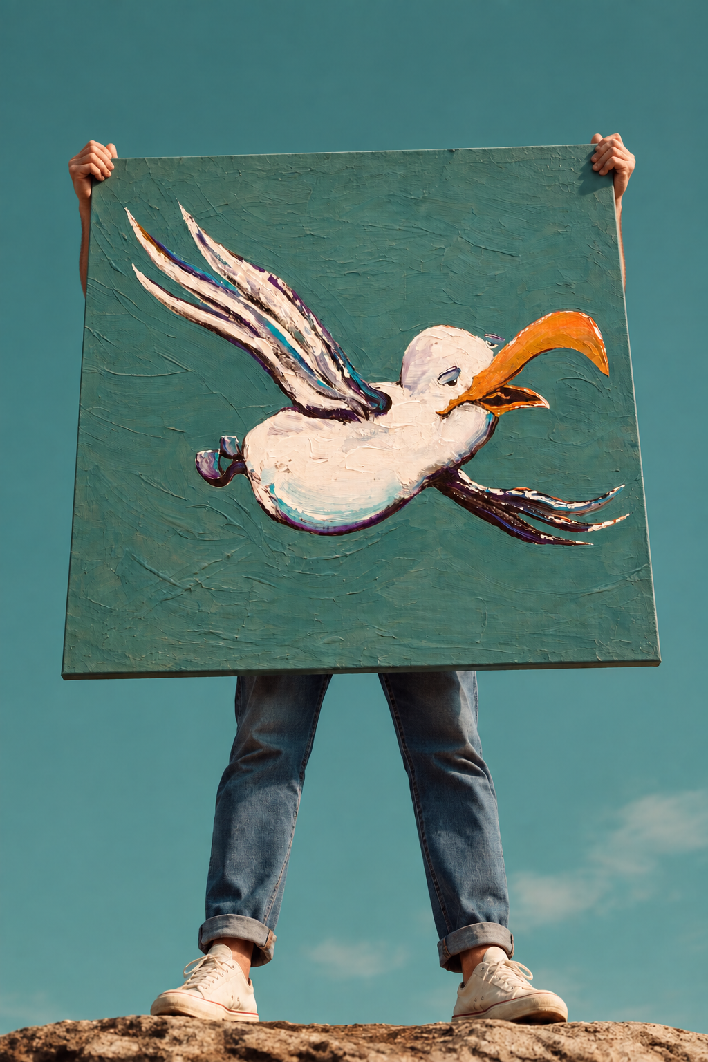 Man holding seagull painting toward the sky